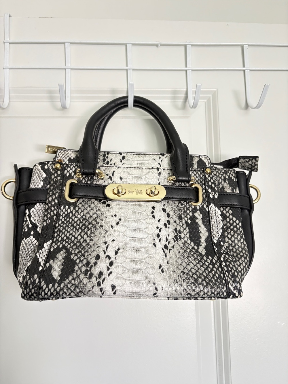Coach Nancy Black & White Snake-Embossed Leather Satchel